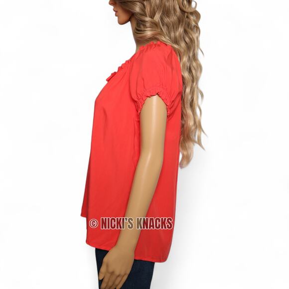 Old Navy Neon Coral Puff Sleeve Ruffle Tie Neck Blouse Top Lightweight Size S - Picture 4 of 11